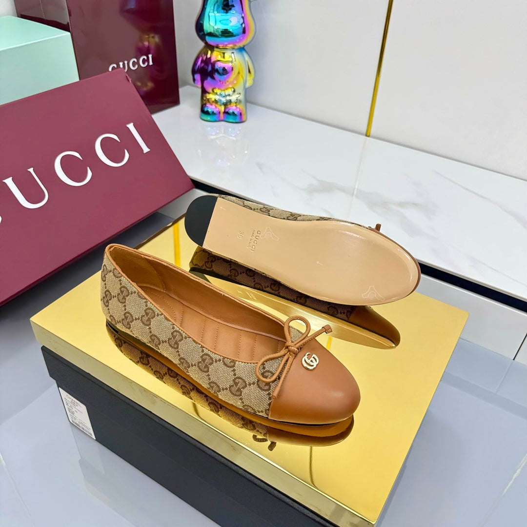 GG BALLET FLATS 25S IN BROWN LAMBSKIN MIX BEIGE CANVAS WITH BOW - 35