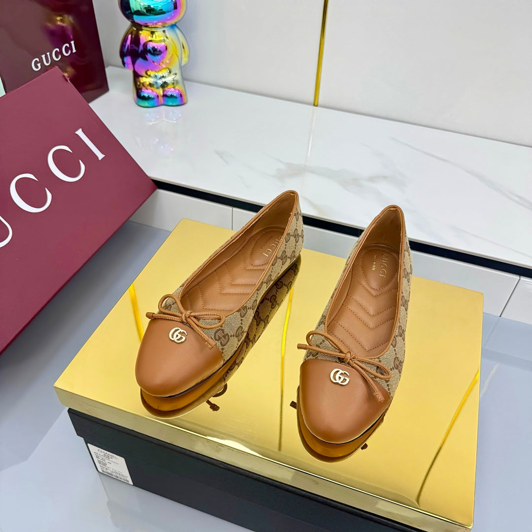 GG BALLET FLATS 25S IN BROWN LAMBSKIN MIX BEIGE CANVAS WITH BOW - 35