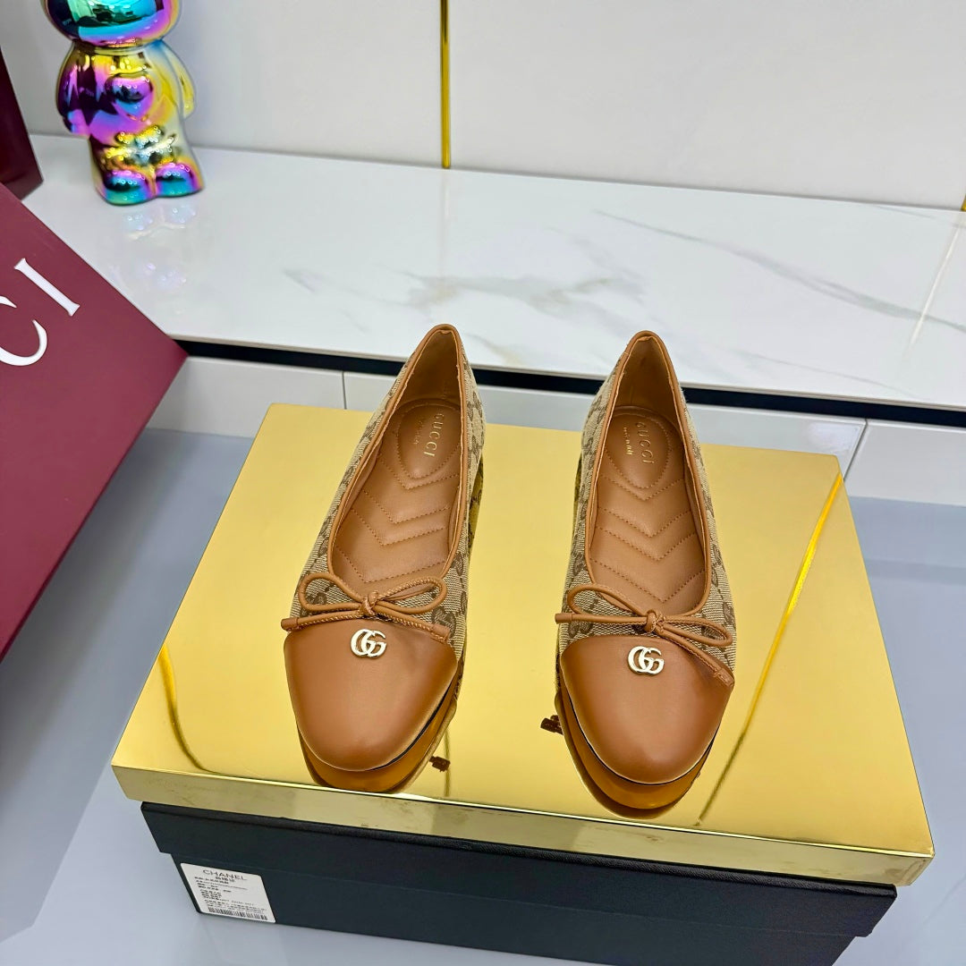 GG BALLET FLATS 25S IN BROWN LAMBSKIN MIX BEIGE CANVAS WITH BOW - 35