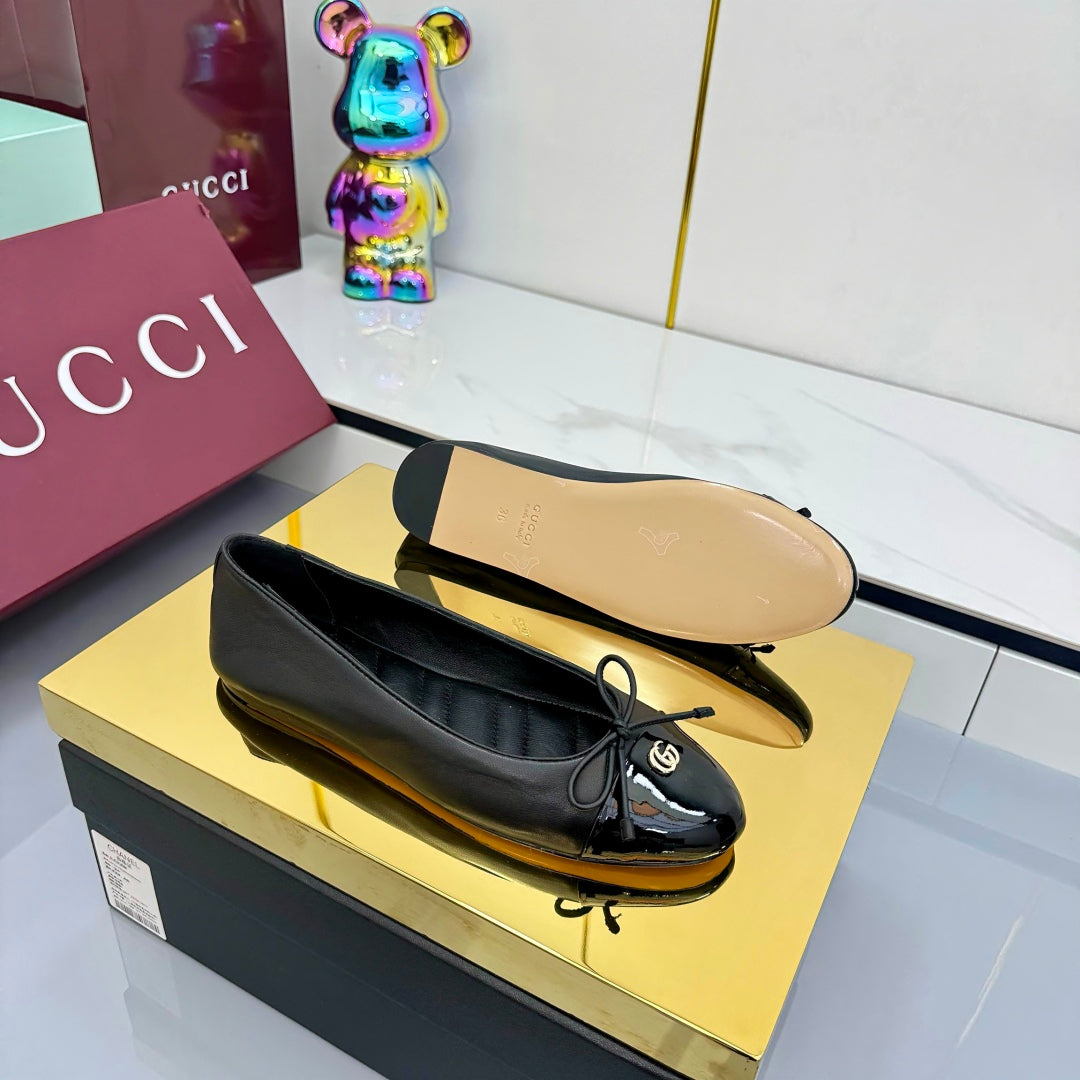 GG BALLET FLATS 25S IN BLACK LAMBSKIN MIX GLOSSY LEATHER WITH BOW - 35