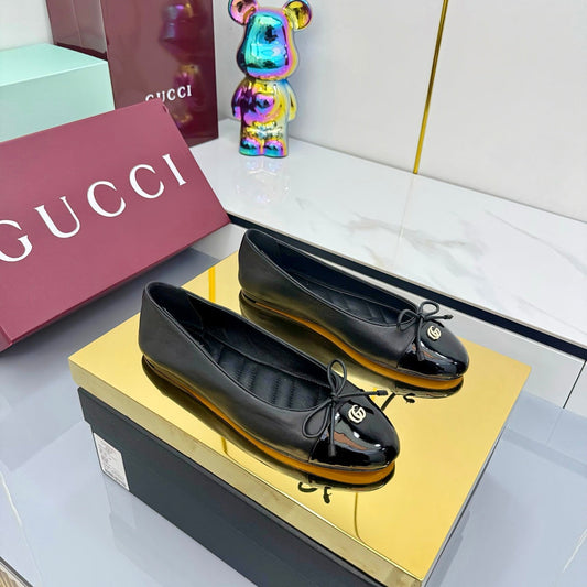 GG BALLET FLATS 25S IN BLACK LAMBSKIN MIX GLOSSY LEATHER WITH BOW - 35
