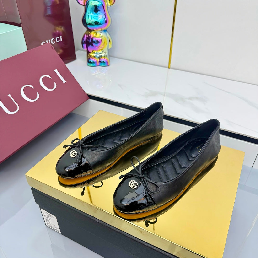 GG BALLET FLATS 25S IN BLACK LAMBSKIN MIX GLOSSY LEATHER WITH BOW - 35