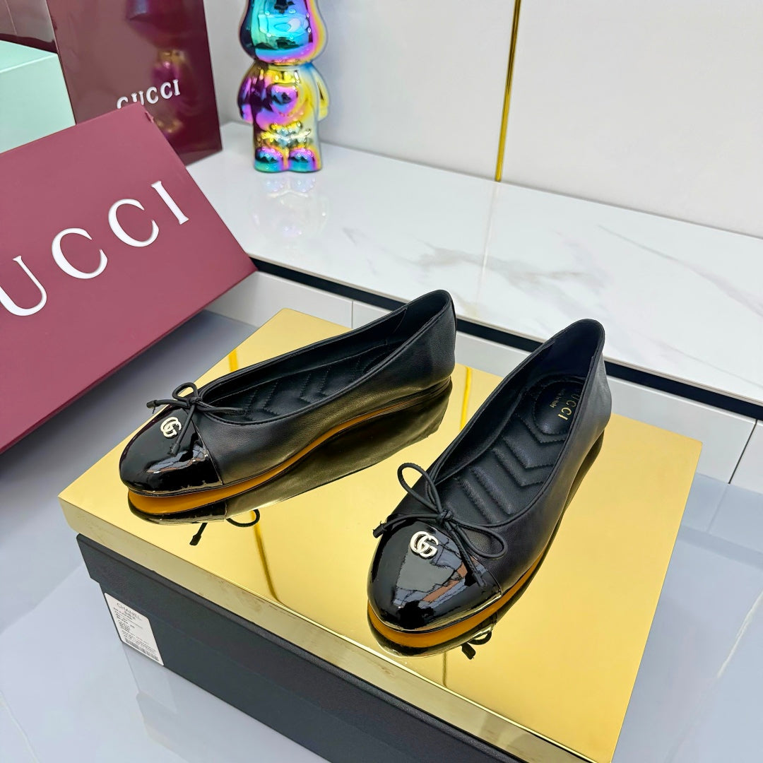 GG BALLET FLATS 25S IN BLACK LAMBSKIN MIX GLOSSY LEATHER WITH BOW - 35
