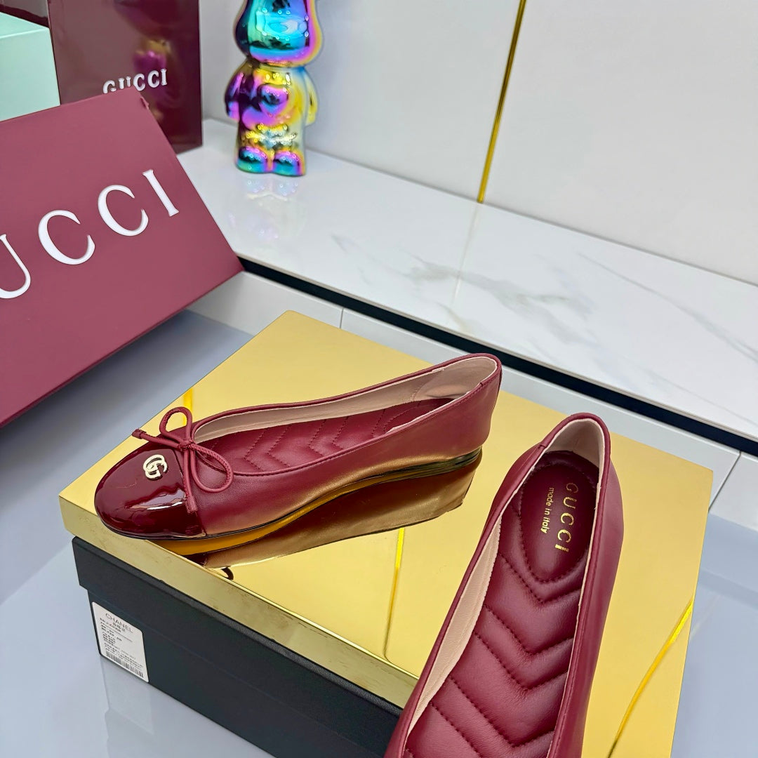 GG BALLET FLATS 25S IN RED LAMBSKIN MIX GLOSSY LEATHER WITH BOW - 35
