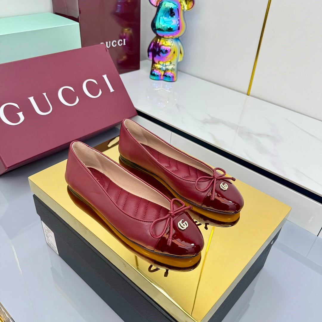 GG BALLET FLATS 25S IN RED LAMBSKIN MIX GLOSSY LEATHER WITH BOW - 35