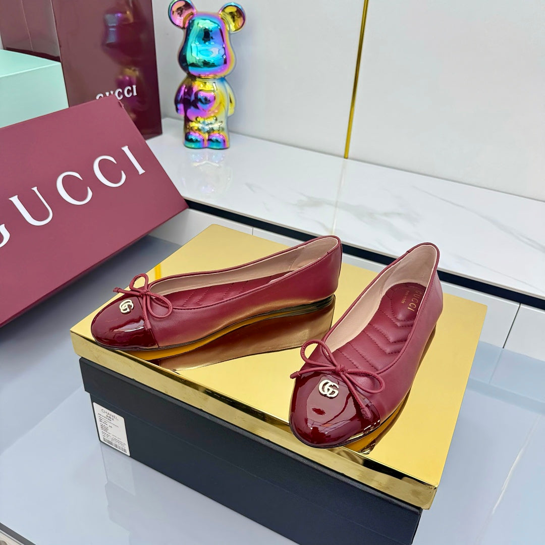 GG BALLET FLATS 25S IN RED LAMBSKIN MIX GLOSSY LEATHER WITH BOW - 35