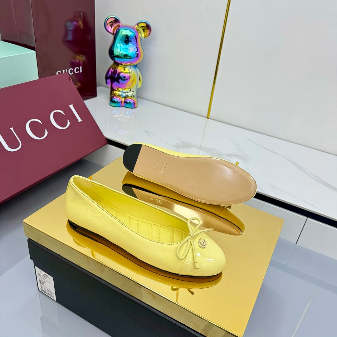 GG BALLET FLATS 25S IN YELLOW LAMBSKIN MIX GLOSSY LEATHER WITH BOW - 35