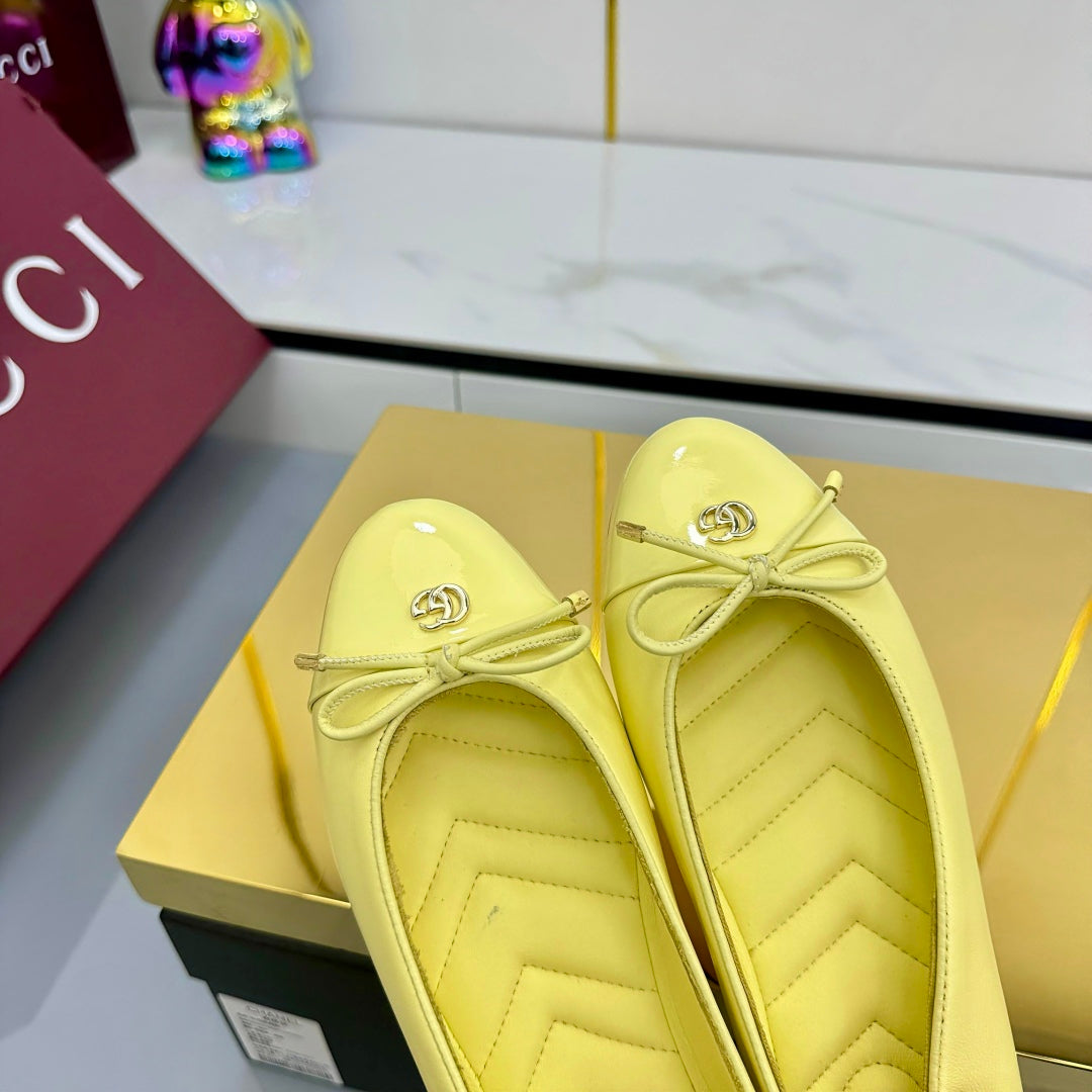 GG BALLET FLATS 25S IN YELLOW LAMBSKIN MIX GLOSSY LEATHER WITH BOW - 35