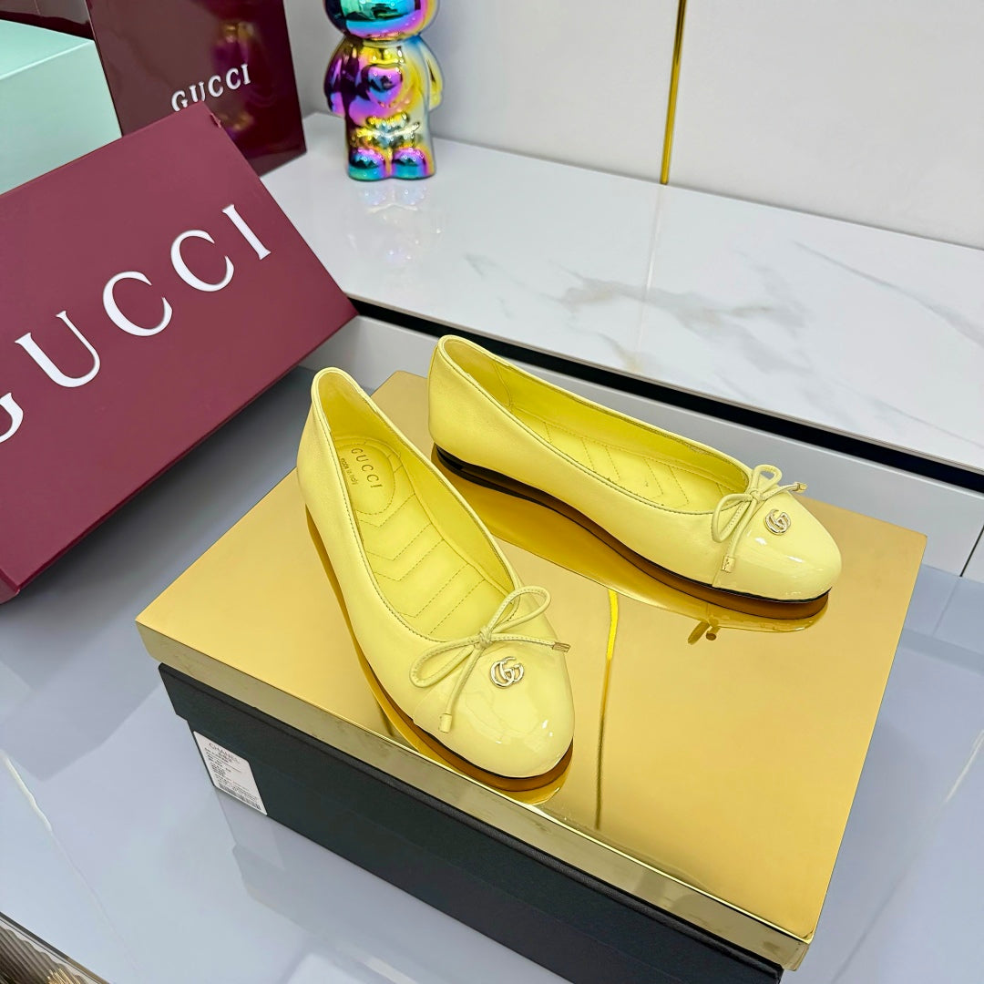 GG BALLET FLATS 25S IN YELLOW LAMBSKIN MIX GLOSSY LEATHER WITH BOW - 35