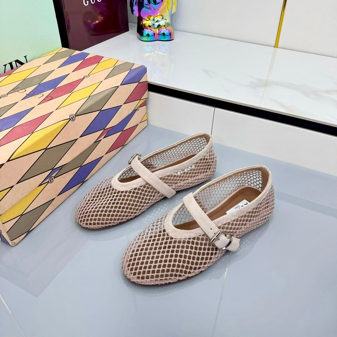 ALAIA MARY JANE FLAT 25S IN BLUSH BEIGE MESH SUEDE - 35