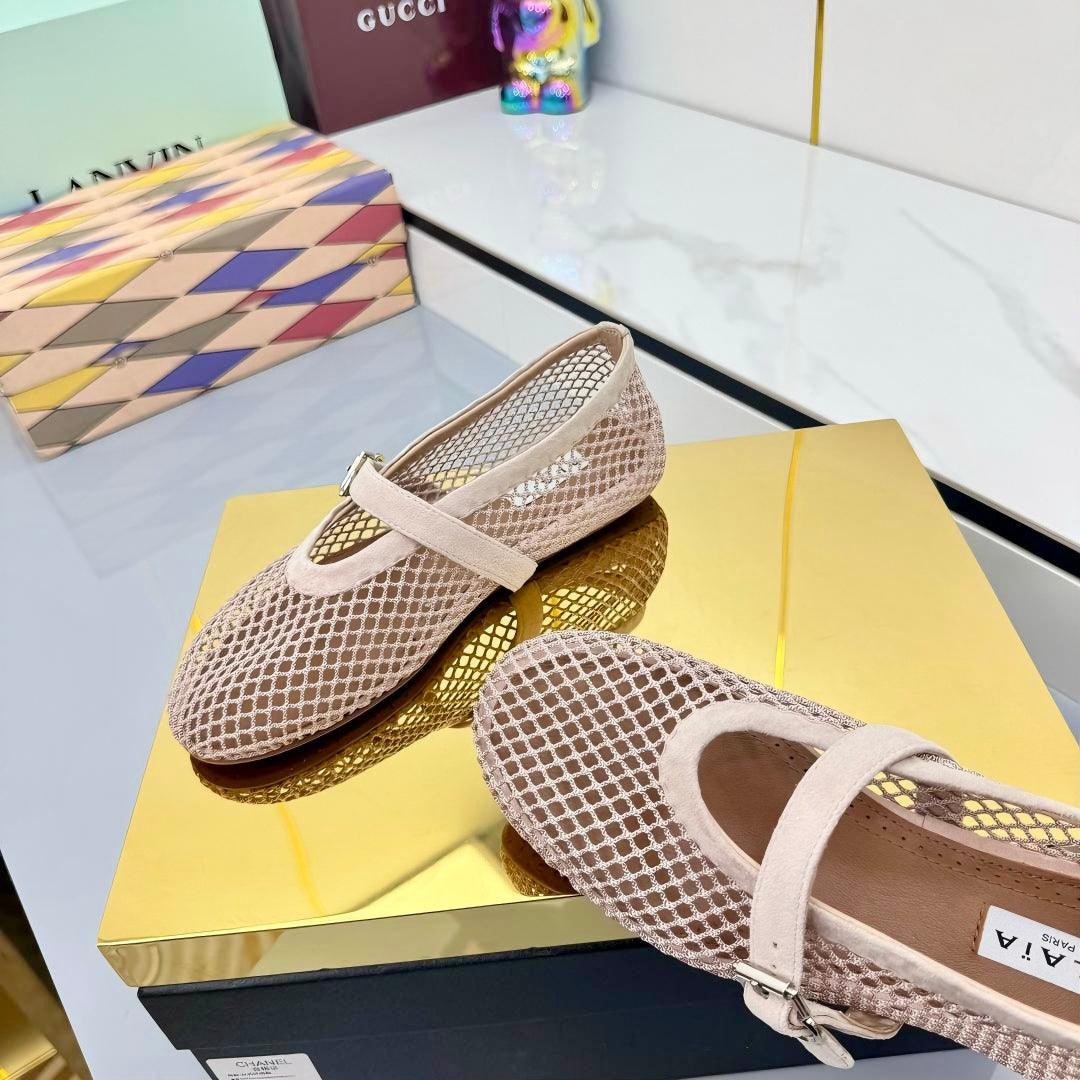 ALAIA MARY JANE FLAT 25S IN BLUSH BEIGE MESH SUEDE - 35