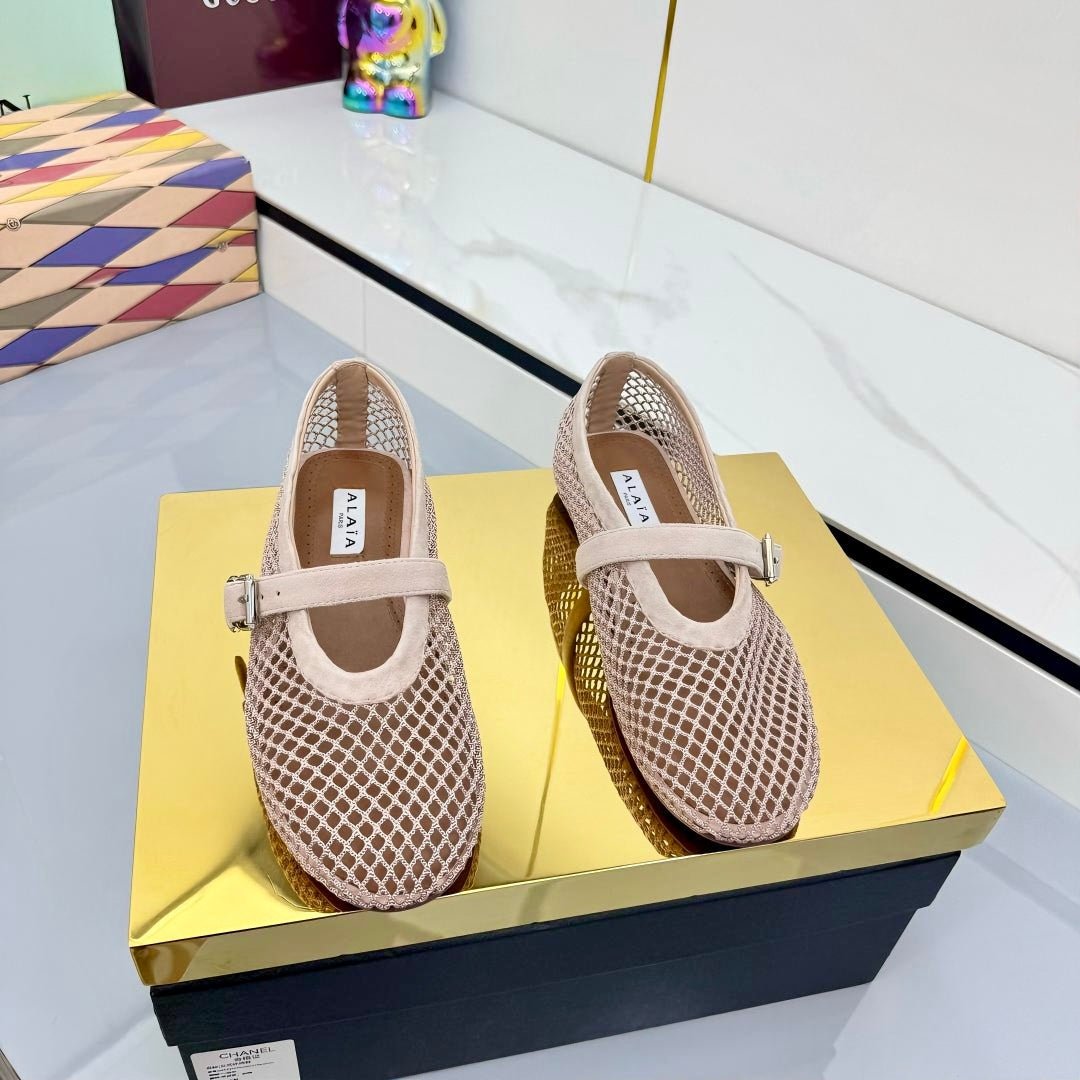 ALAIA MARY JANE FLAT 25S IN BLUSH BEIGE MESH SUEDE - 35