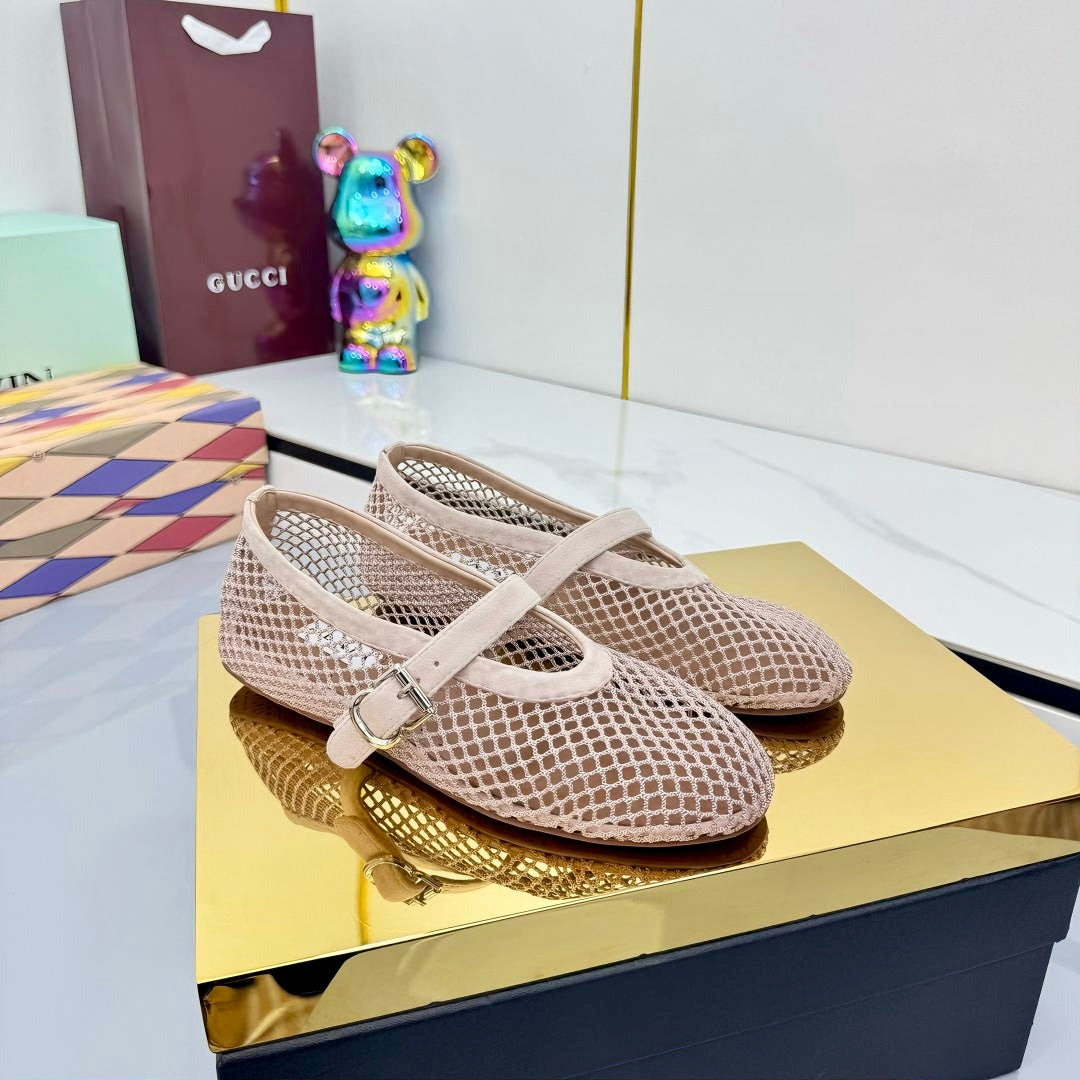 ALAIA MARY JANE FLAT 25S IN BLUSH BEIGE MESH SUEDE - 35