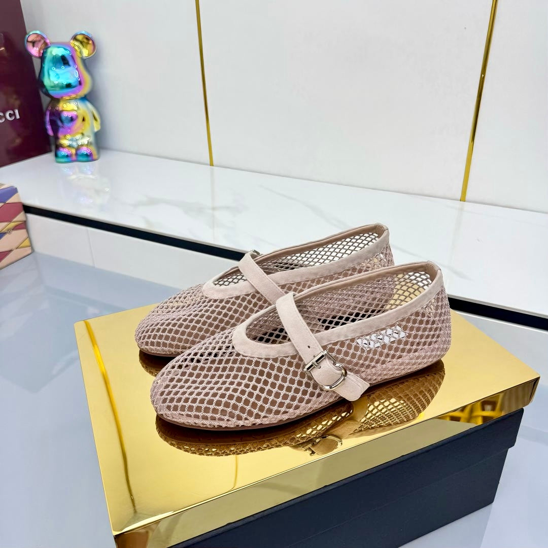 ALAIA MARY JANE FLAT 25S IN BLUSH BEIGE MESH SUEDE - 35