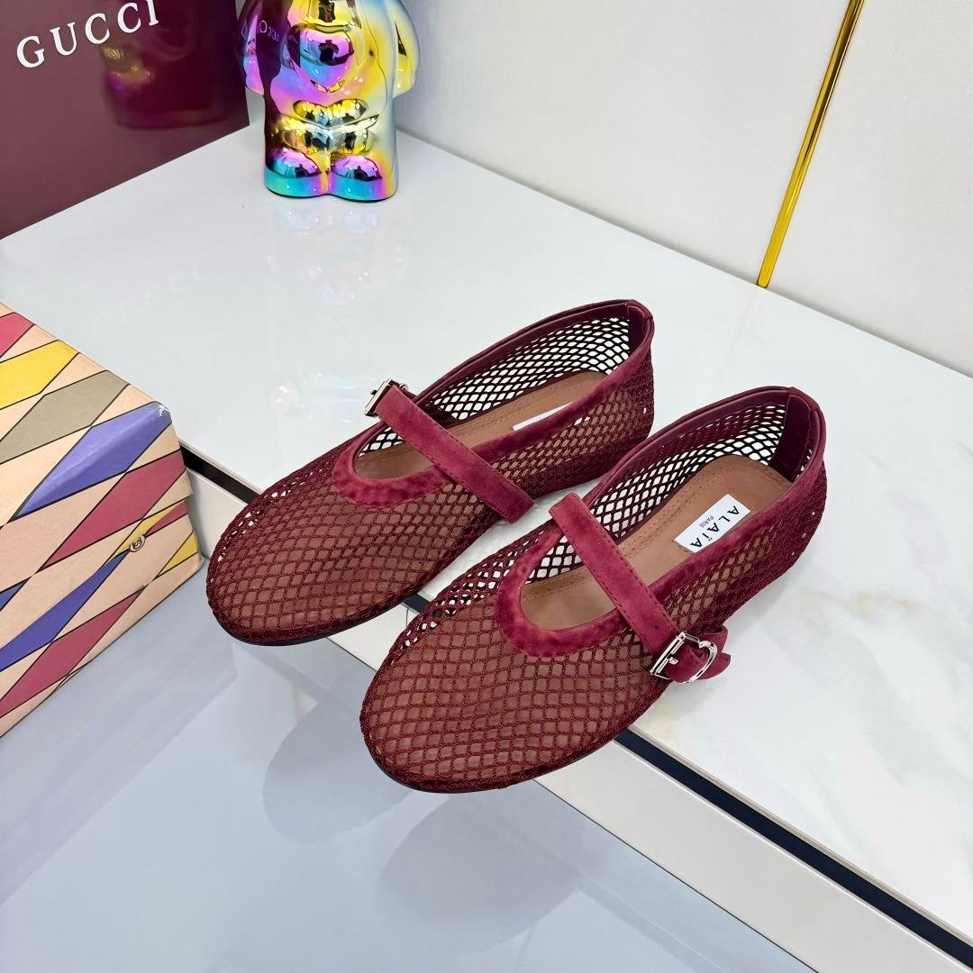 ALAIA MARY JANE FLAT 25S IN DARK RED MESH SUEDE - 35
