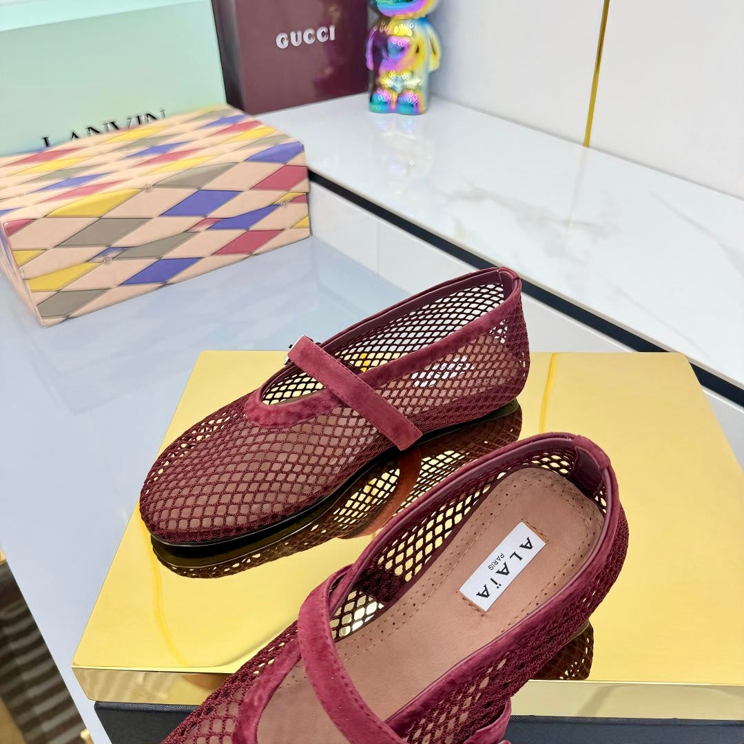 ALAIA MARY JANE FLAT 25S IN DARK RED MESH SUEDE - 35