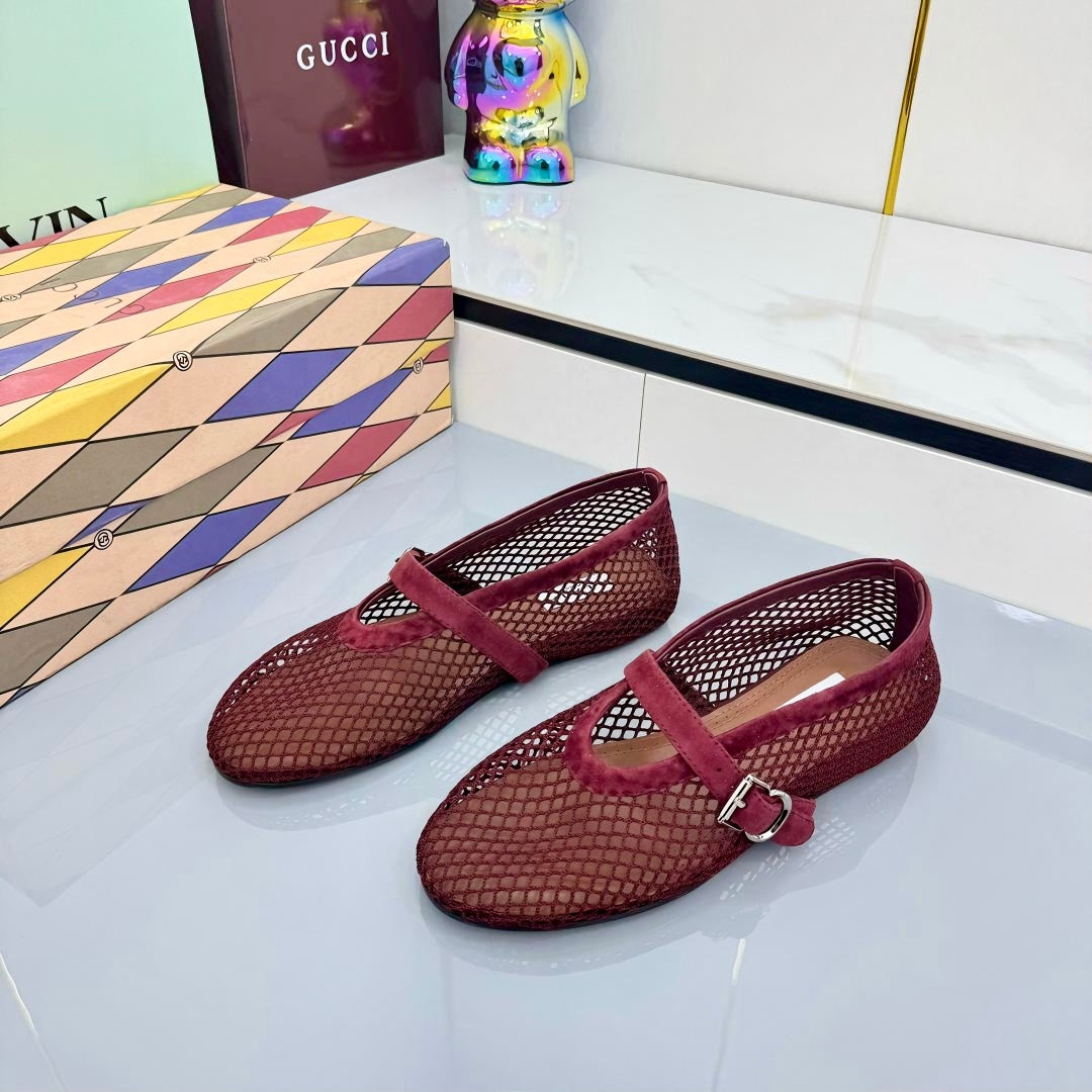 ALAIA MARY JANE FLAT 25S IN DARK RED MESH SUEDE - 35