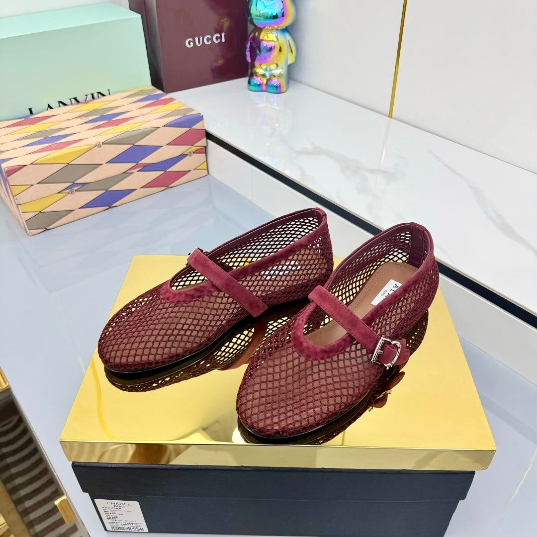 ALAIA MARY JANE FLAT 25S IN DARK RED MESH SUEDE - 35
