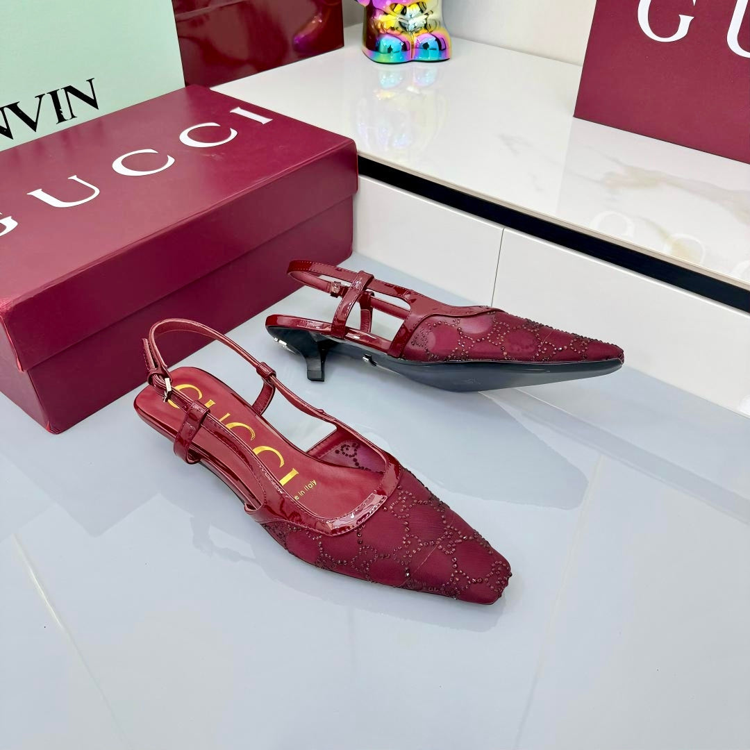 GG HIGH SLINGBACK 25S IN RED SEQUINED MESH FABRIC - 35