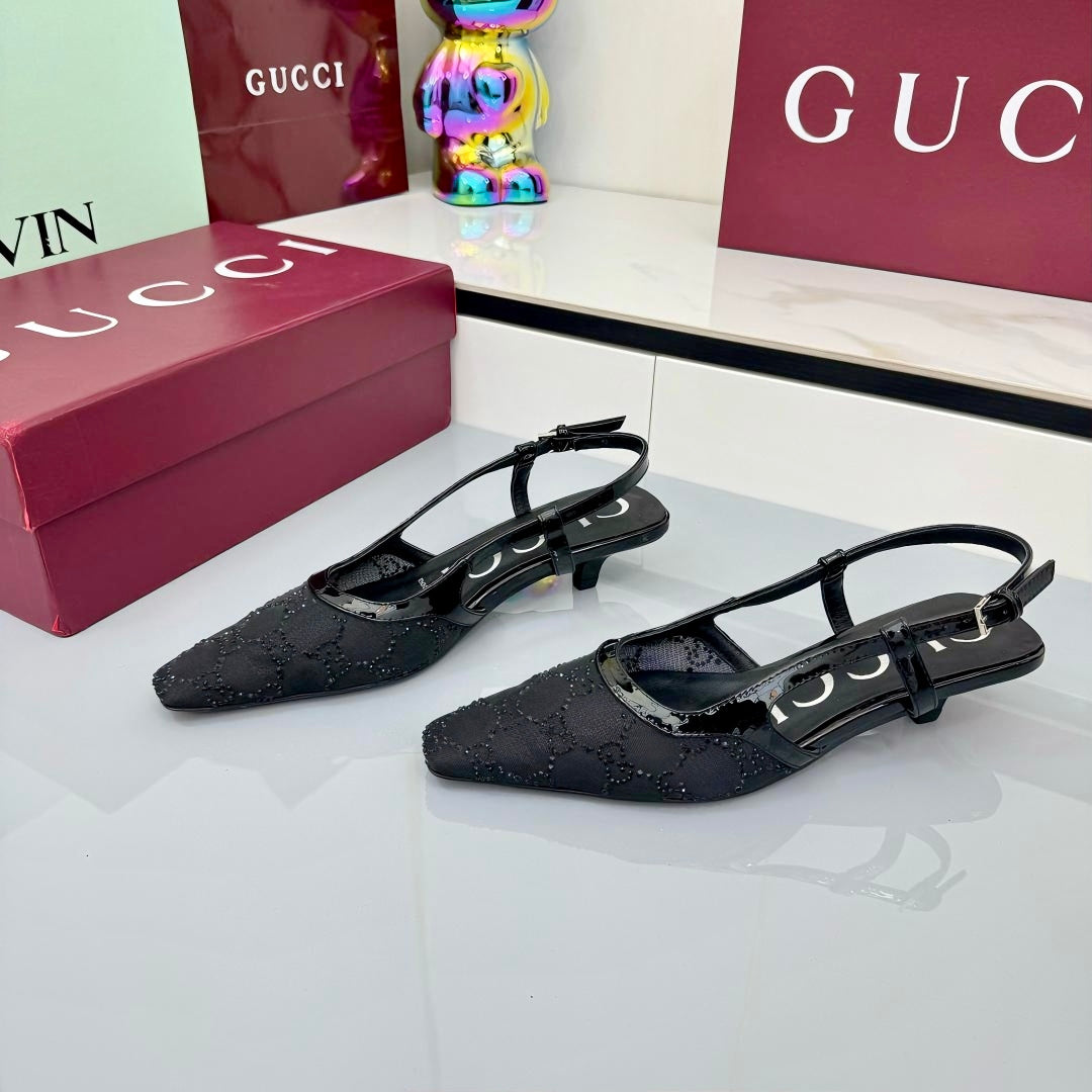 GG HIGH SLINGBACK 25S IN BLACK SEQUINED MESH FABRIC - 35
