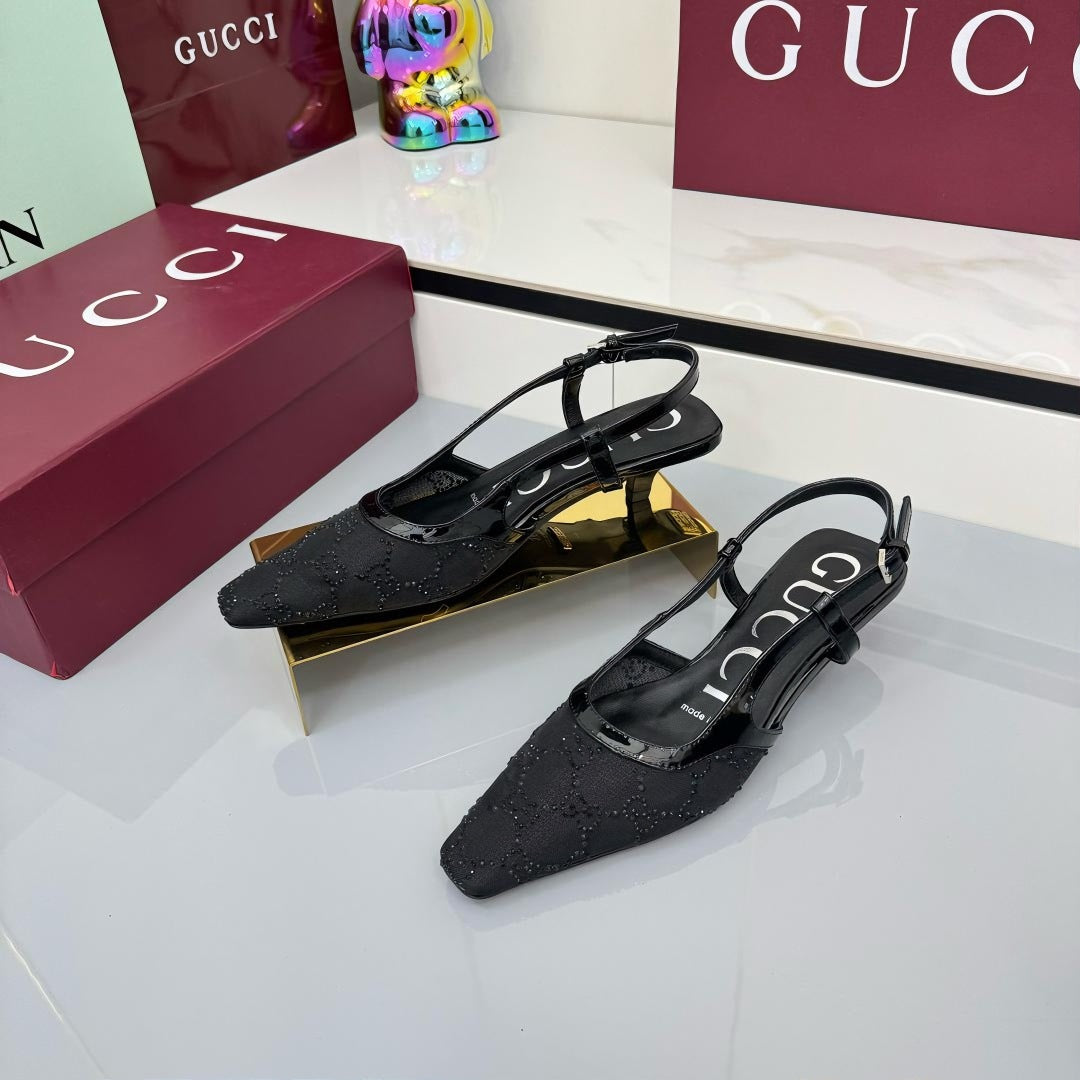 GG HIGH SLINGBACK 25S IN BLACK SEQUINED MESH FABRIC - 35