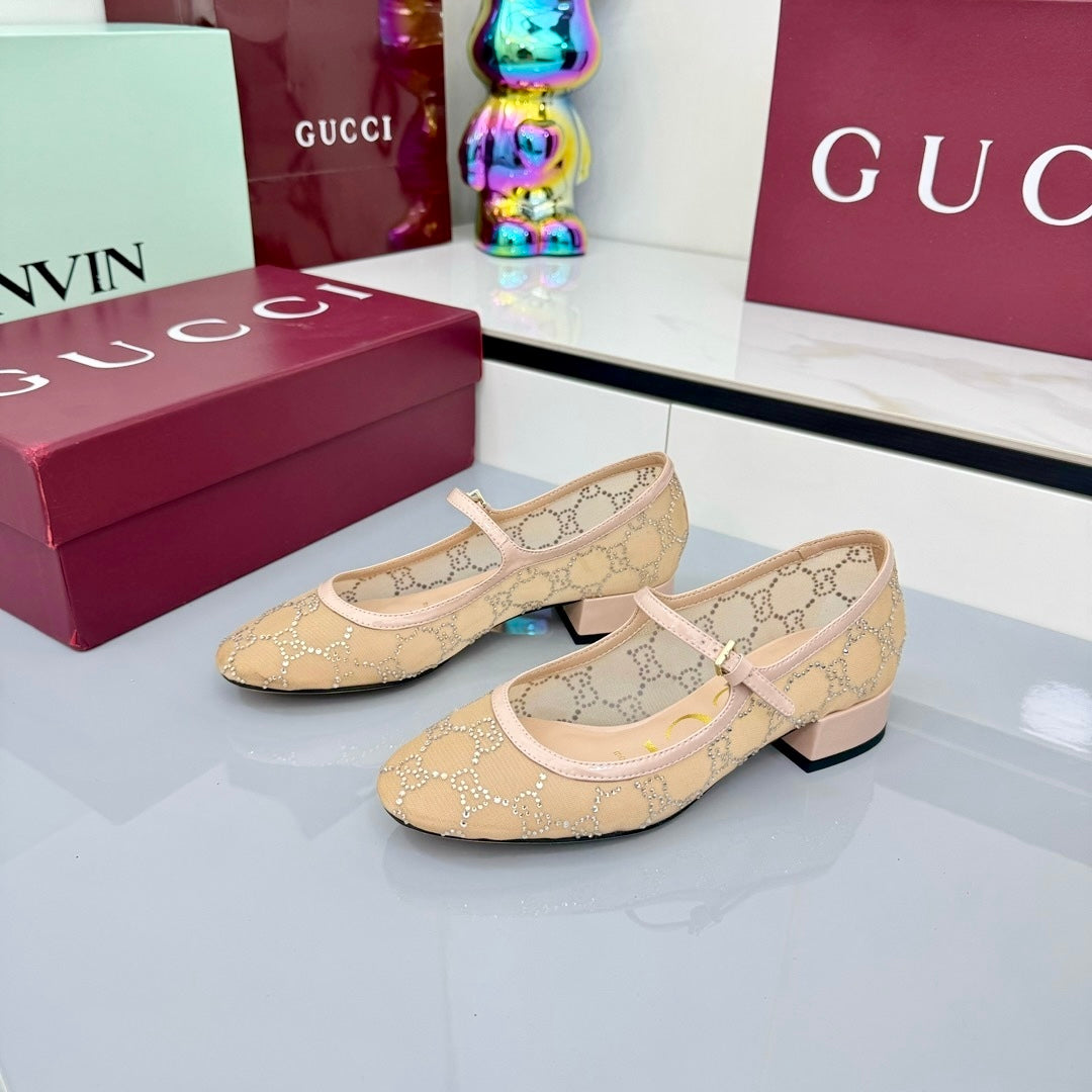 GG MARY JANE HEEL 25S 25 MM IN CAMEL BEIGE SEQUINED MESH FABRIC - 35
