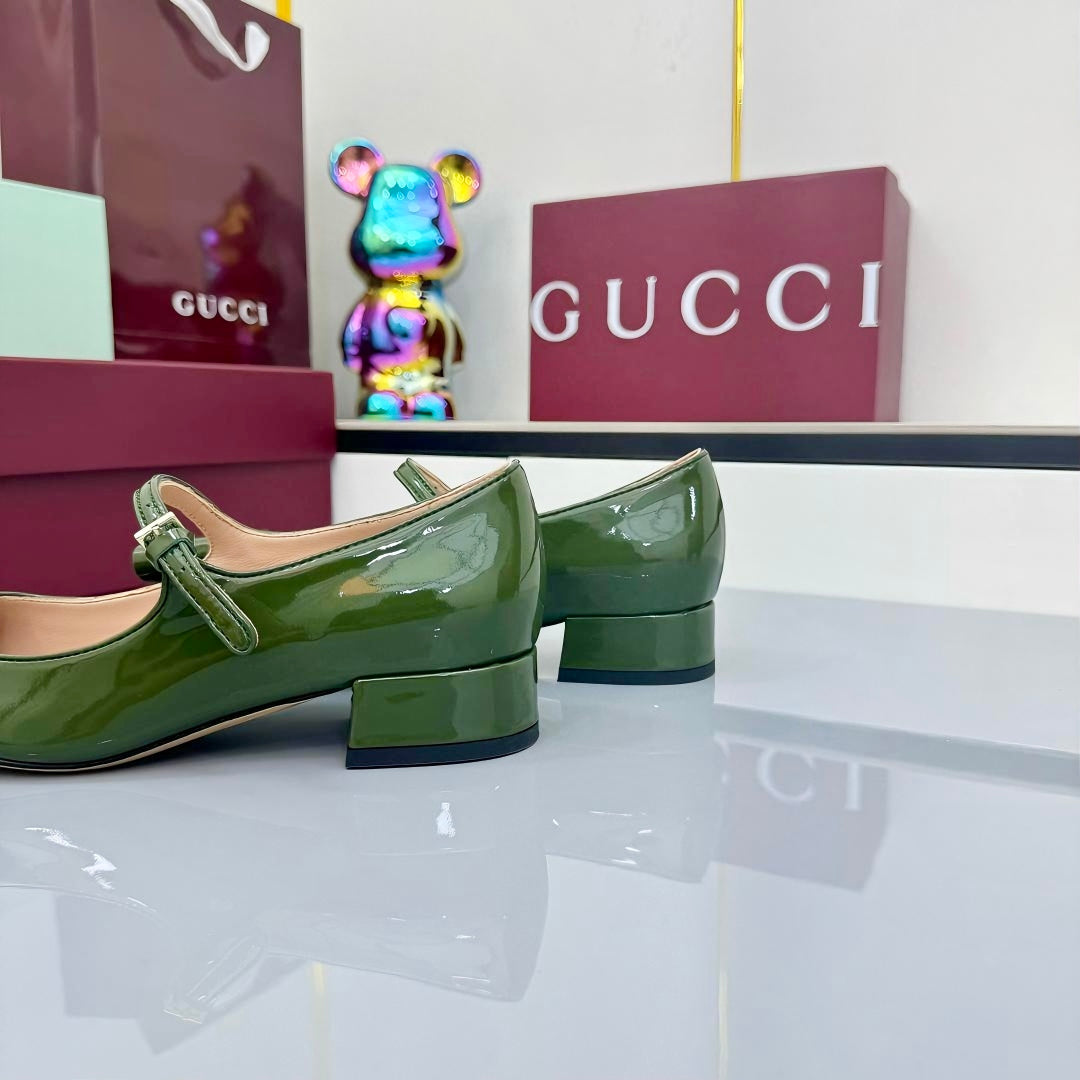GG MARY JANE 25S IN MOSS GREEN LAMBSKIN WITH BOW - 35