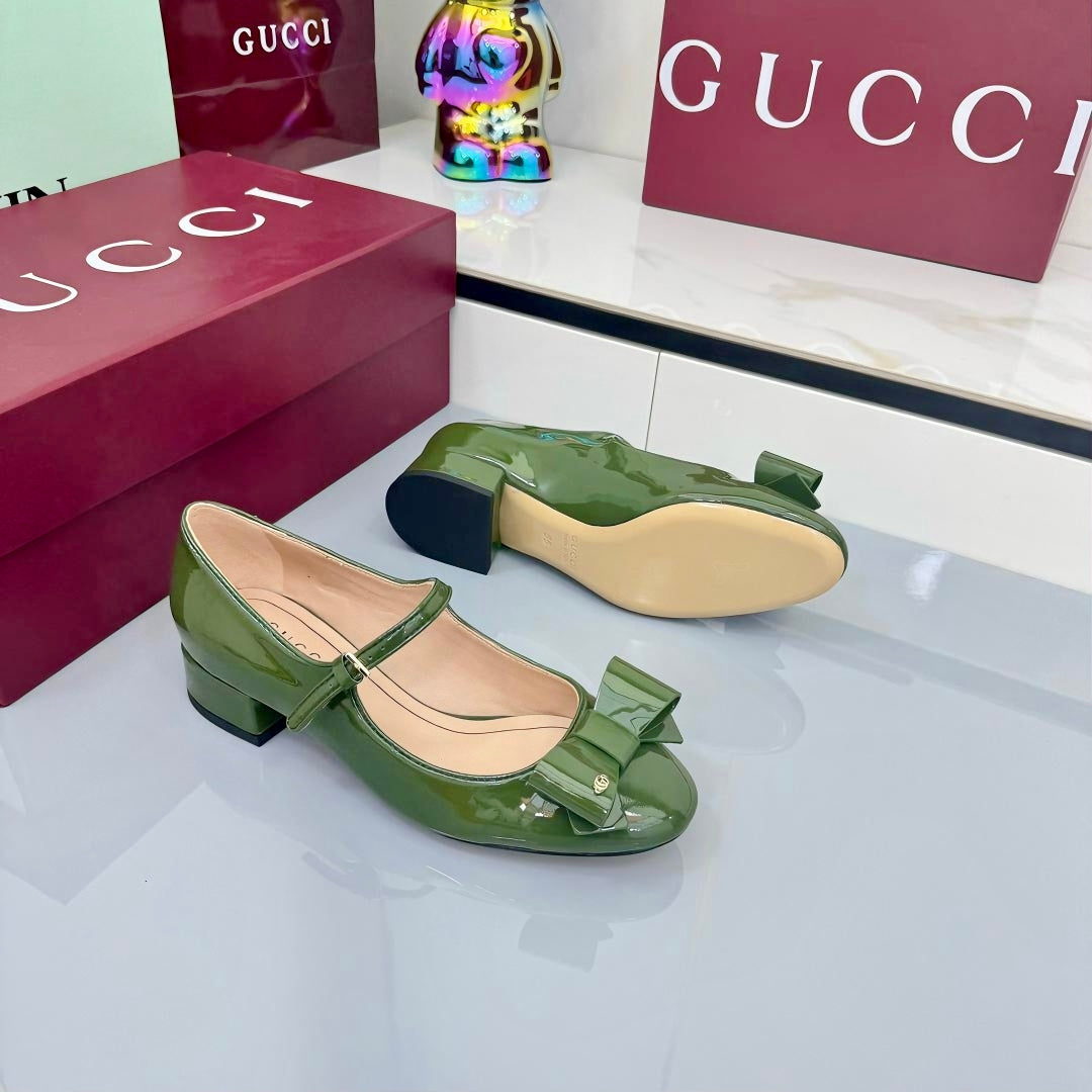 GG MARY JANE 25S IN MOSS GREEN LAMBSKIN WITH BOW - 35