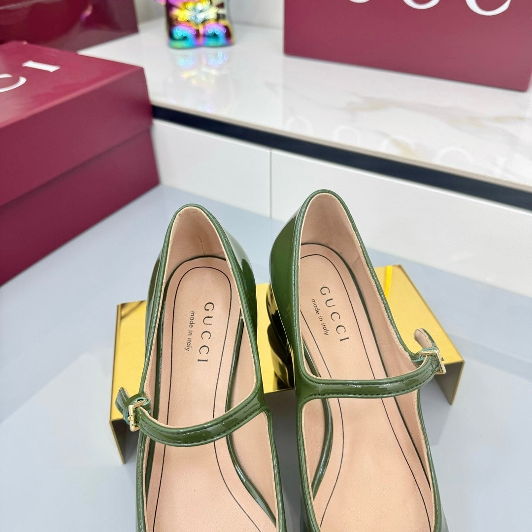 GG MARY JANE 25S IN MOSS GREEN LAMBSKIN WITH BOW - 35