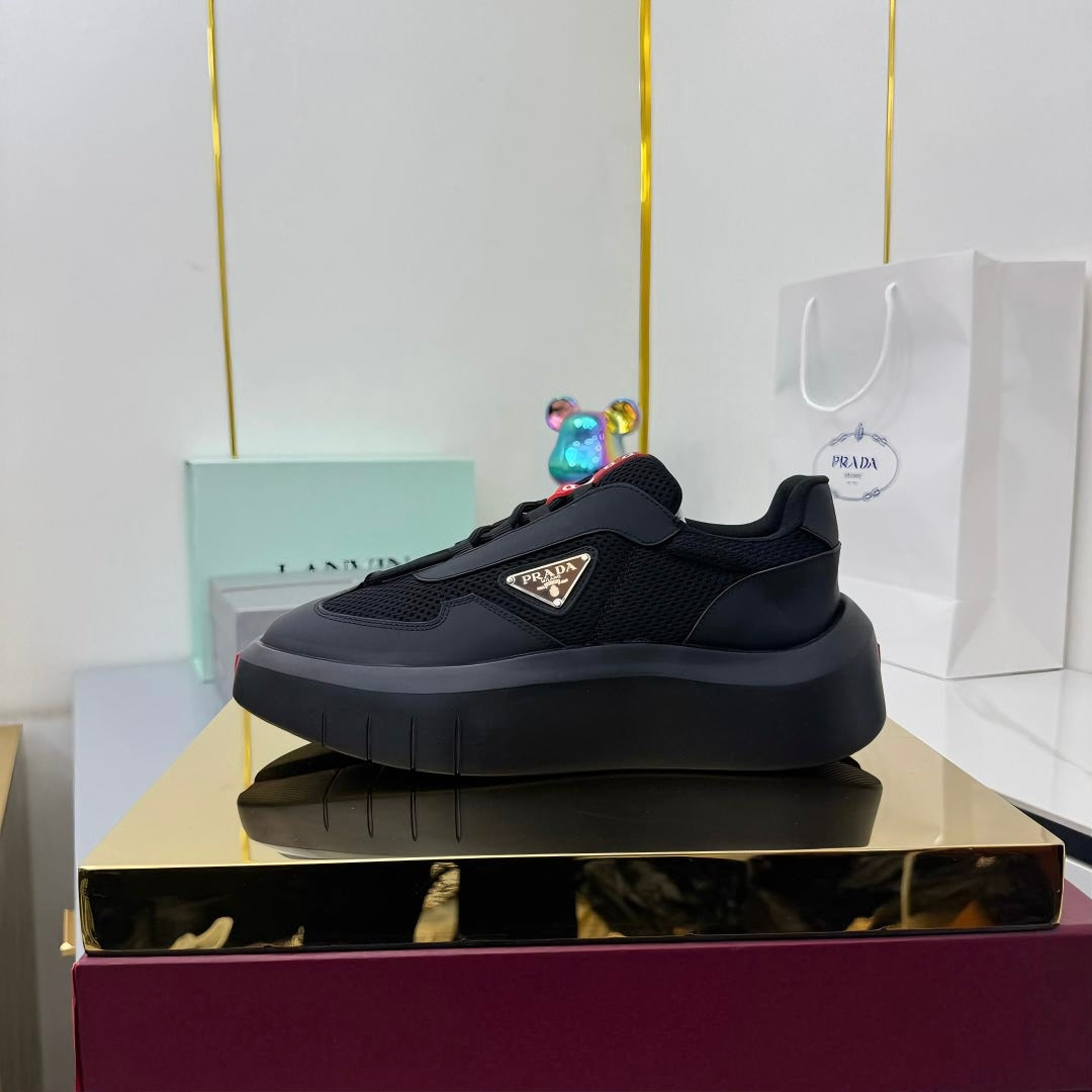 PRADA 25S CROSS LACED SNEAKERS IN BLACK CALFSKIN - 35