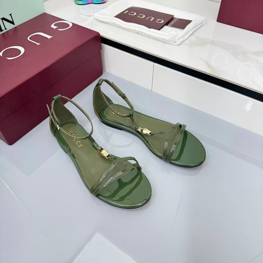 GG THONG SANDALS 25S IN DARK GREEN LAMBSKIN WITH GOLD HARDWARE - 35