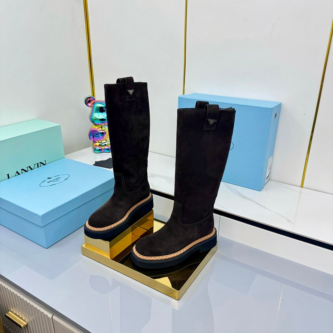 PRADA 25S HIGH BOOTS MARTIN 50MM IN DARK BROWN SUEDE WITH LOGO - 35
