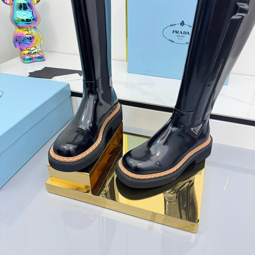 PRADA 25S TALL CHELSEA BOOTS 50MM IN BLACK GLOSSY CALFSKIN - 35
