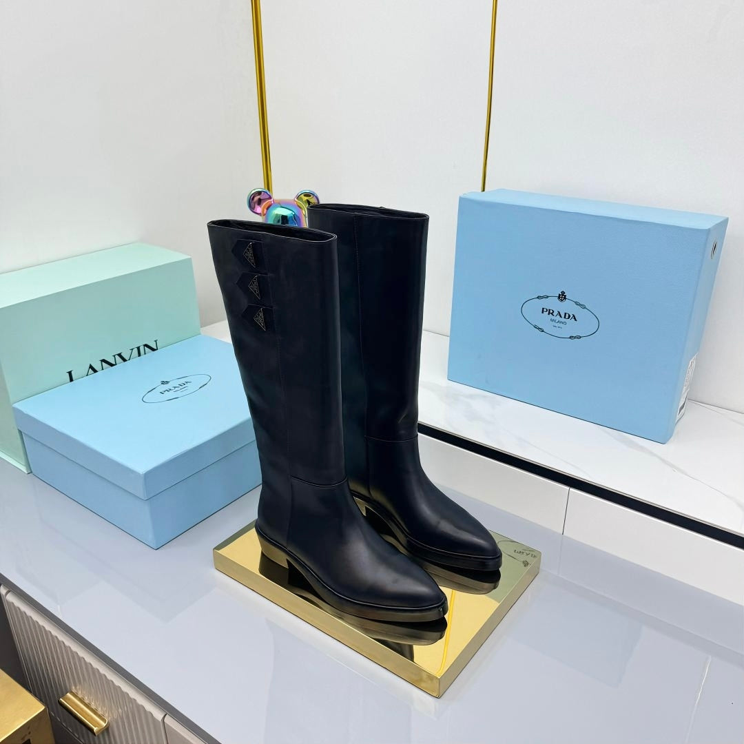 PRADA 25S CHUNKY SOLE TALL BOOTS MARTIN 50MM IN BLACK CALFSKIN - 35