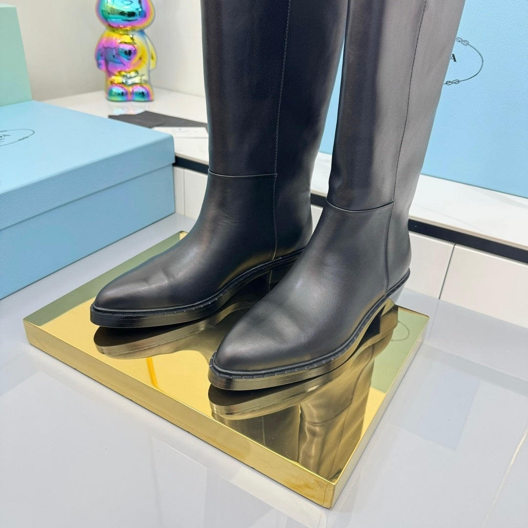 PRADA 25S CHUNKY SOLE TALL BOOTS MARTIN 50MM IN BLACK CALFSKIN - 35