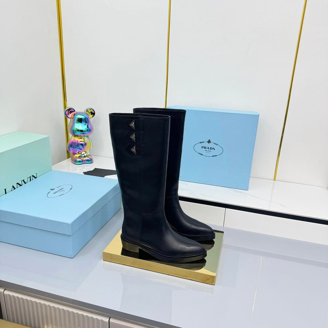 PRADA 25S CHUNKY SOLE TALL BOOTS MARTIN 50MM IN BLACK CALFSKIN - 35