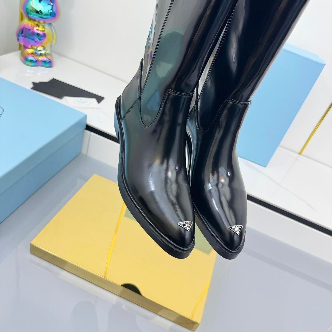 PRADA 25S CHUNKY SOLE TALL BOOTS MARTIN 50MM IN BLACK GLOSSY CALFSKIN - 35