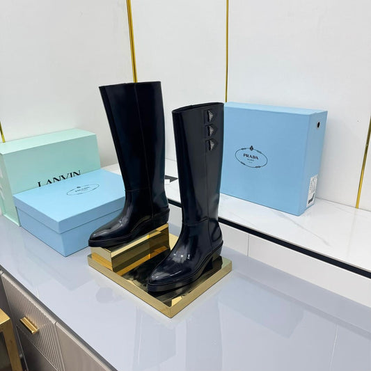 PRADA 25S CHUNKY SOLE TALL BOOTS MARTIN 50MM IN BLACK GLOSSY CALFSKIN - 35