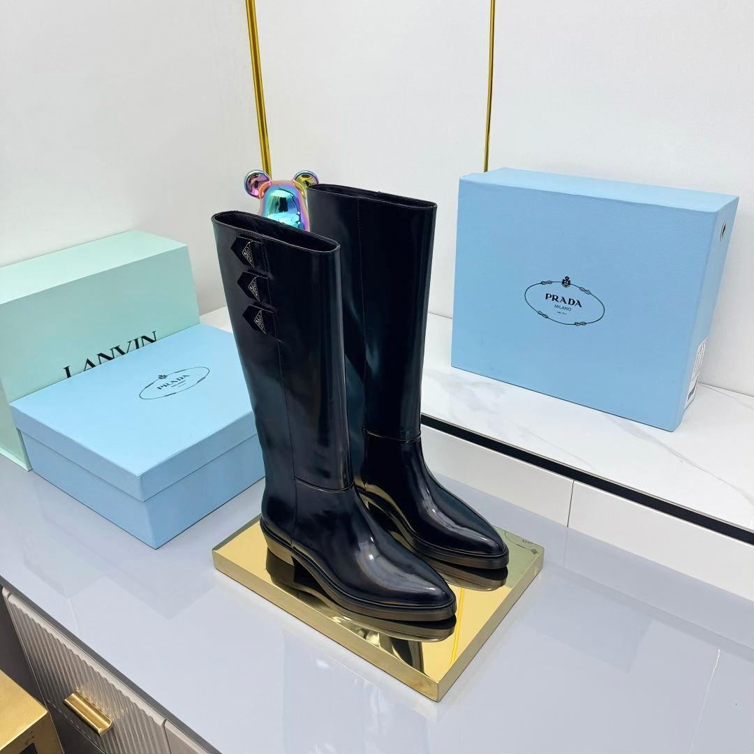 PRADA 25S CHUNKY SOLE TALL BOOTS MARTIN 50MM IN BLACK GLOSSY CALFSKIN - 35