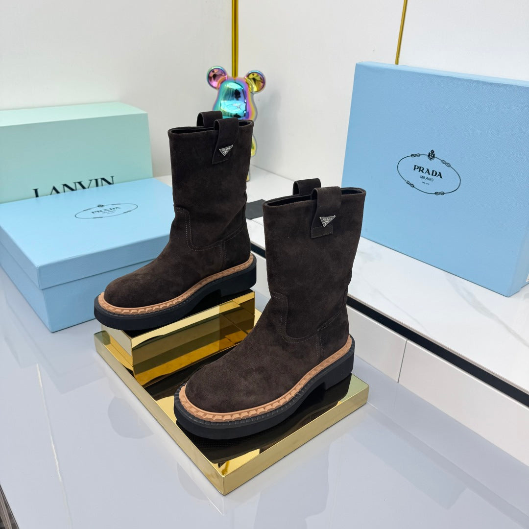 PRADA 25S HIGH MARTIN BOOTS 50MM IN DARK BROWN SUEDE - 35