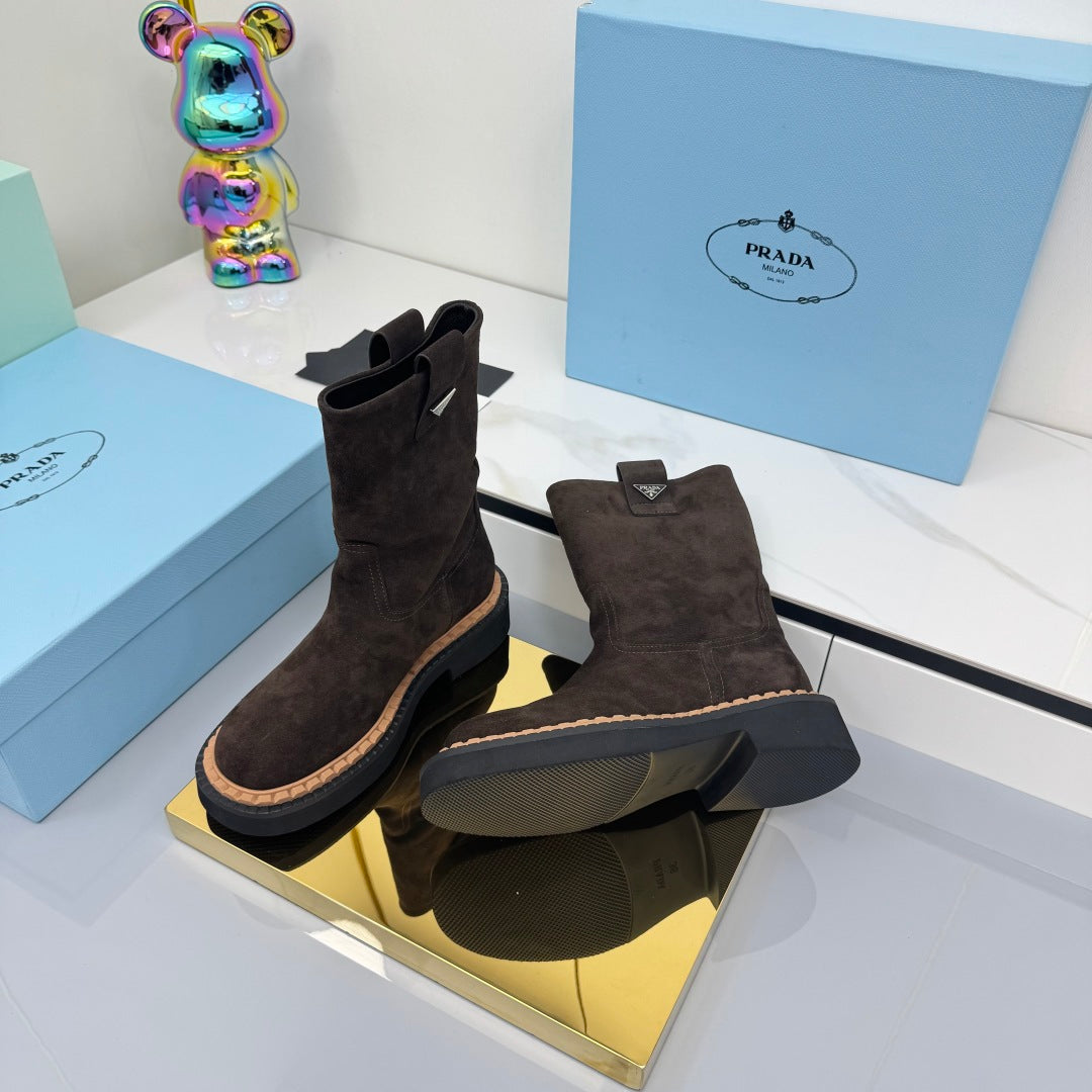 PRADA 25S HIGH MARTIN BOOTS 50MM IN DARK BROWN SUEDE - 35