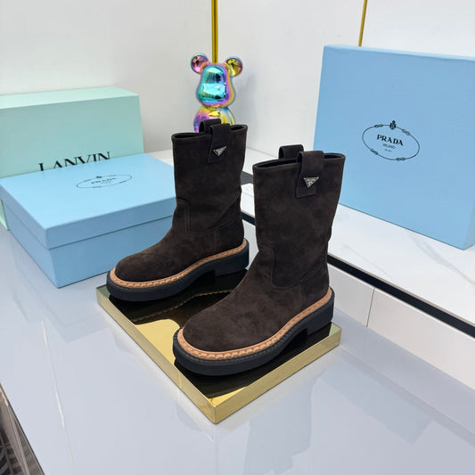 PRADA 25S HIGH MARTIN BOOTS 50MM IN DARK BROWN SUEDE - 35
