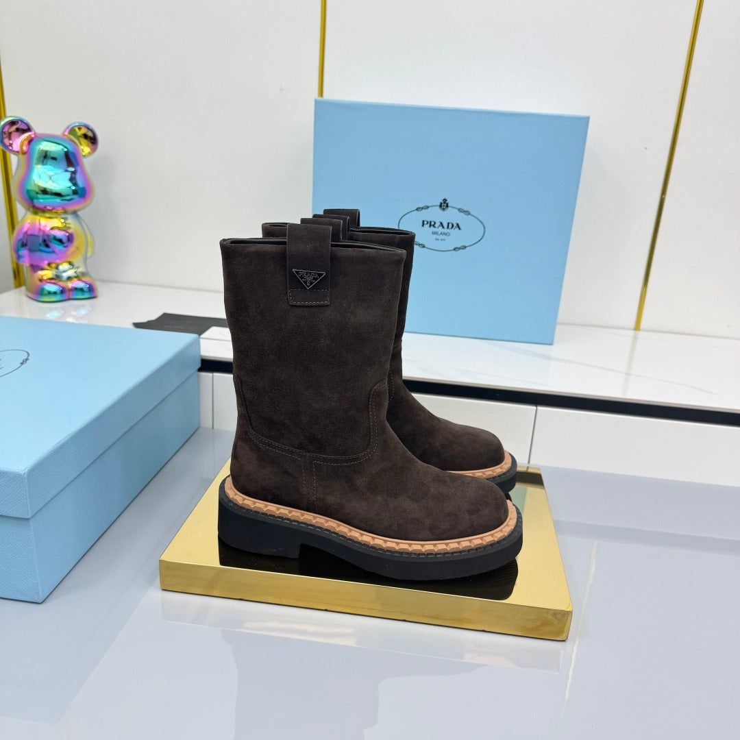 PRADA 25S HIGH MARTIN BOOTS 50MM IN DARK BROWN SUEDE - 35