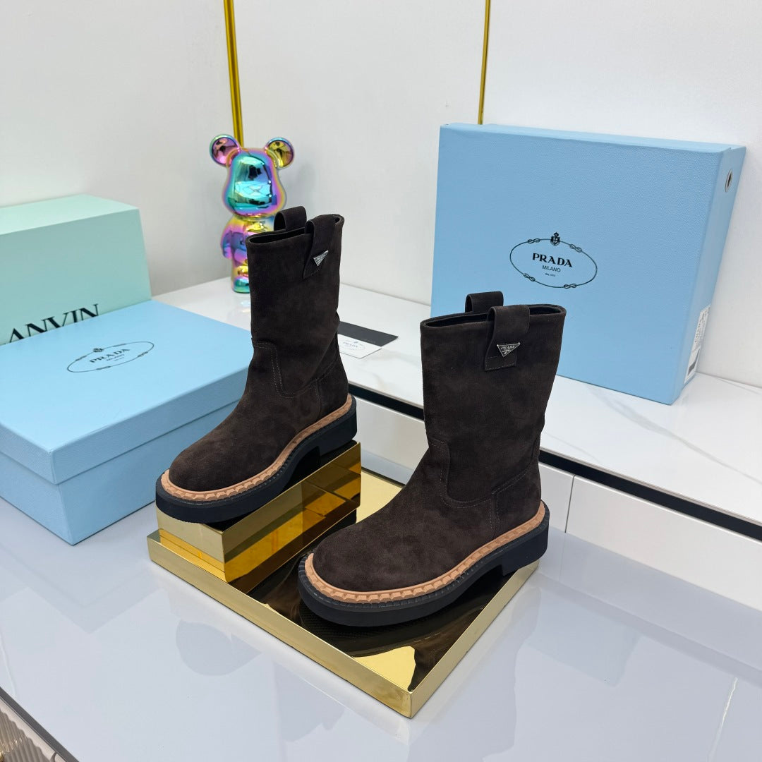 PRADA 25S HIGH MARTIN BOOTS 50MM IN DARK BROWN SUEDE - 35