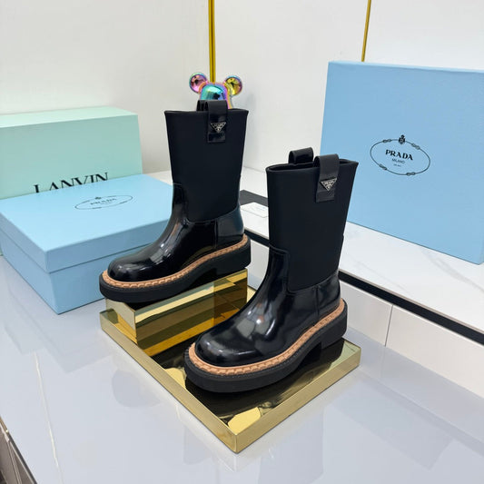 PRADA 25S HIGH MARTIN BOOTS 50MM IN BLACK GLOSSY CALFSKIN - 35
