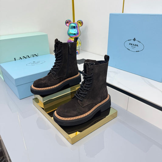 PRADA 25S LONG THICK SOLED MARTIN BOOTS 50MM IN DARK BROWN SUEDE - 35