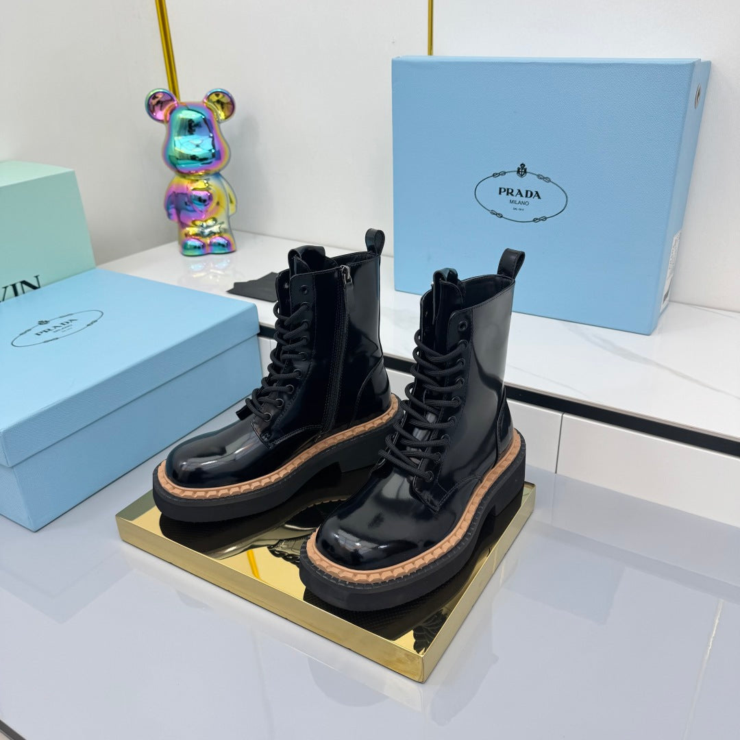 PRADA 25S LONG THICK SOLED MARTIN BOOTS 50MM IN BLACK GLOSSY CALFSKIN - 35