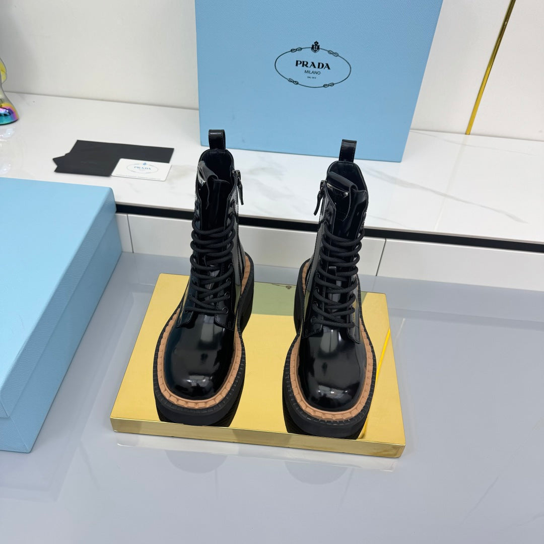 PRADA 25S LONG THICK SOLED MARTIN BOOTS 50MM IN BLACK GLOSSY CALFSKIN - 35