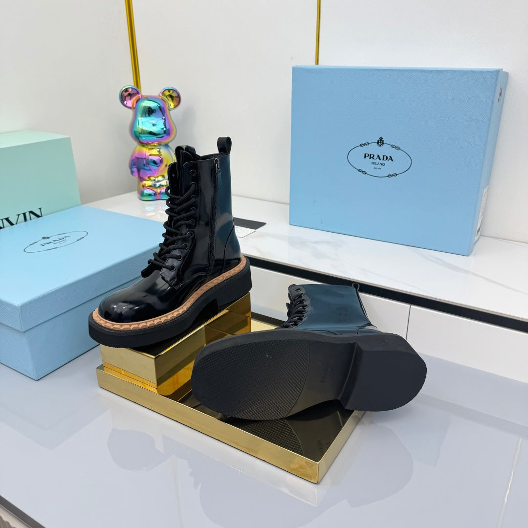 PRADA 25S LONG THICK SOLED MARTIN BOOTS 50MM IN BLACK GLOSSY CALFSKIN - 35