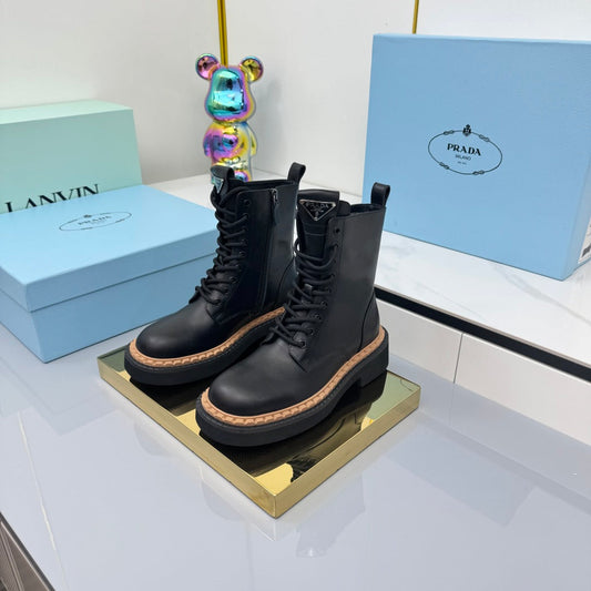 PRADA 25S LONG THICK SOLED MARTIN BOOTS 50MM IN BLACK CALFSKIN - 35